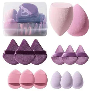 BS-MALL 14-piece beauty sponge set includes soft non-latex triangles and tiny sponges in a pink travel bag.