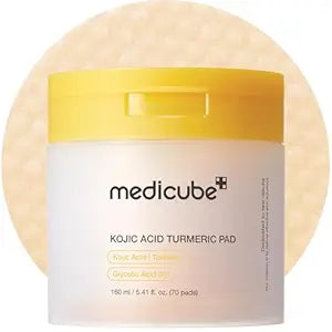 medicube clarifying toner pads with kojic acid, turmeric, and niacinamide for skincare.