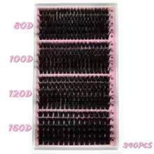 340 or 390-piece 8D fluffy individual lash clusters with mixed 40D to 160D volume for DIY eyelash extensions and at-home makeup