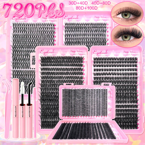 DIY lash extension kit with 9-16mm individual cluster lashes, bond and seal adhesive, and wispy natural manga-style lashes.