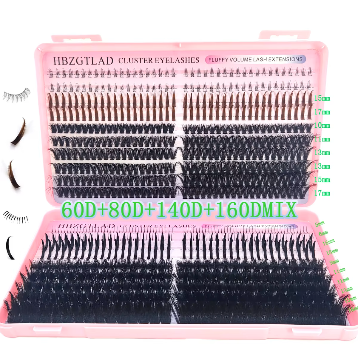 HBZGTLAD fairy manga eyelash clusters with pointed spikes and bottom lashes, available in 60D to 160D densities for DIY extensions.